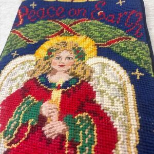 Vintage 90s Cross Stitch Needlepoint Stocking Angel Blue  Peace On Earth 19 in